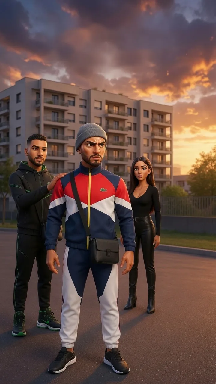 Karim, Sofiane et Inès devant une cité au coucher du soleil